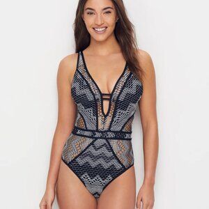 Becca Black and White Crochet Look Mesh Swimsuit Sz M